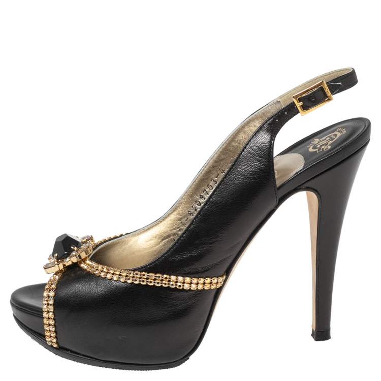 Pre Owned Gina Black Leather Embellished Peep Toe Platform Slingback Sandals Size 37