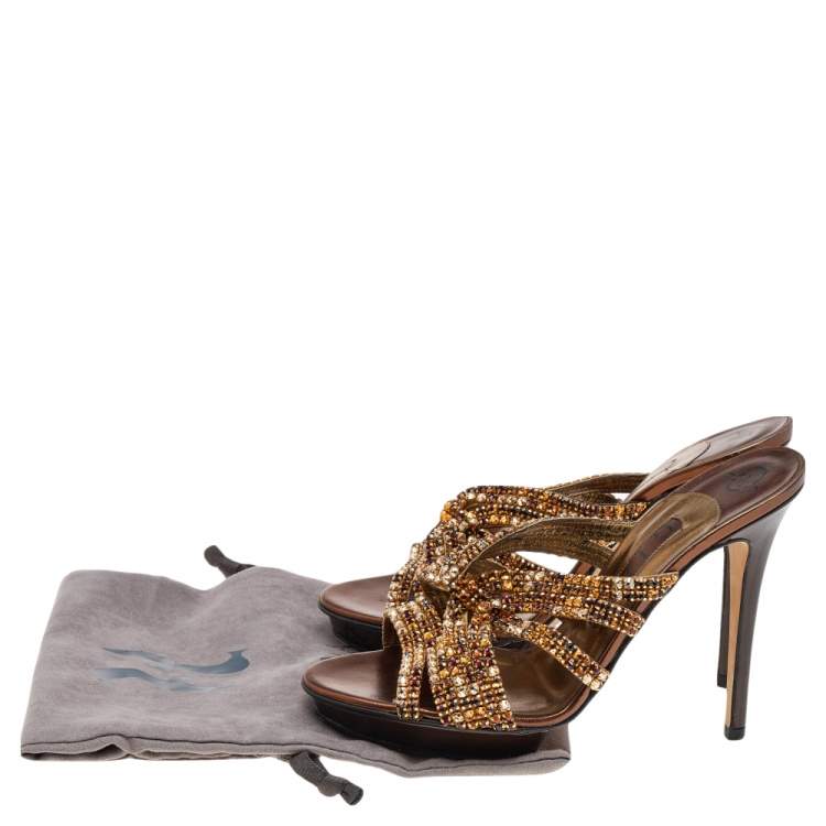 Pre Owned Gina Metallic Bronze Crystal Embellished Leather Slide Sandals Size 38