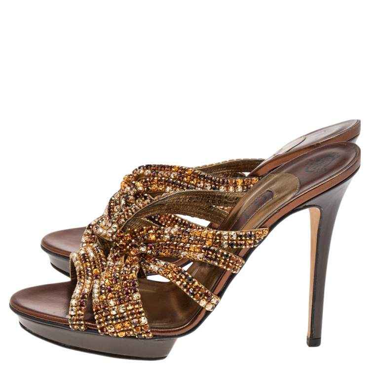 Pre Owned Gina Metallic Bronze Crystal Embellished Leather Slide Sandals Size 38