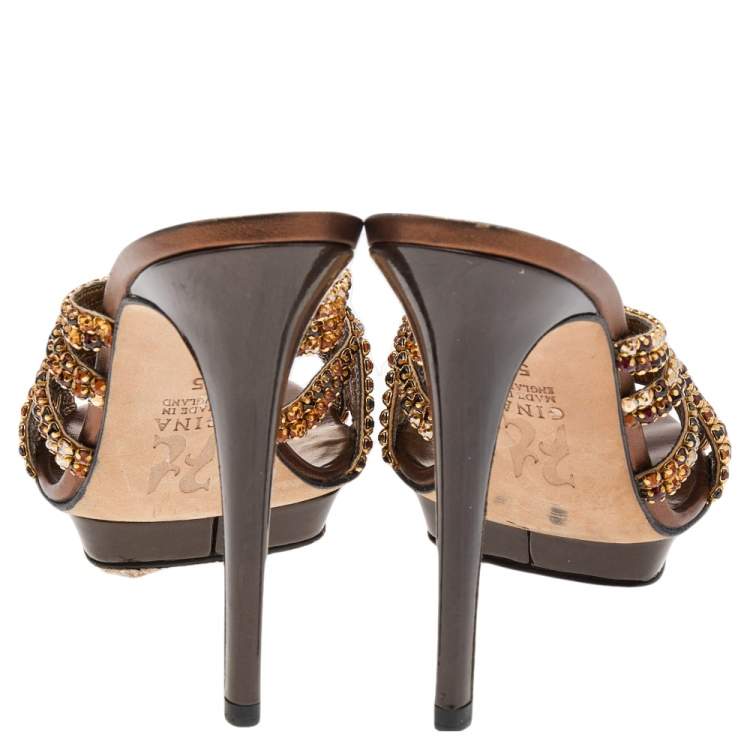 Pre Owned Gina Metallic Bronze Crystal Embellished Leather Slide Sandals Size 38