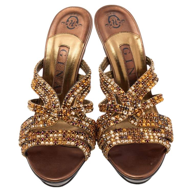 Pre Owned Gina Metallic Bronze Crystal Embellished Leather Slide Sandals Size 38