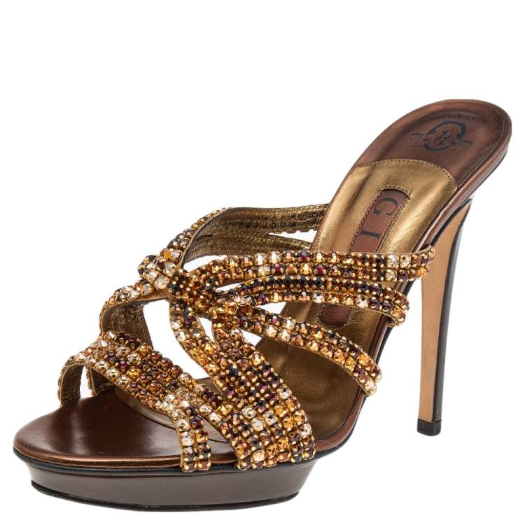 Pre Owned Gina Metallic Bronze Crystal Embellished Leather Slide Sandals Size 38