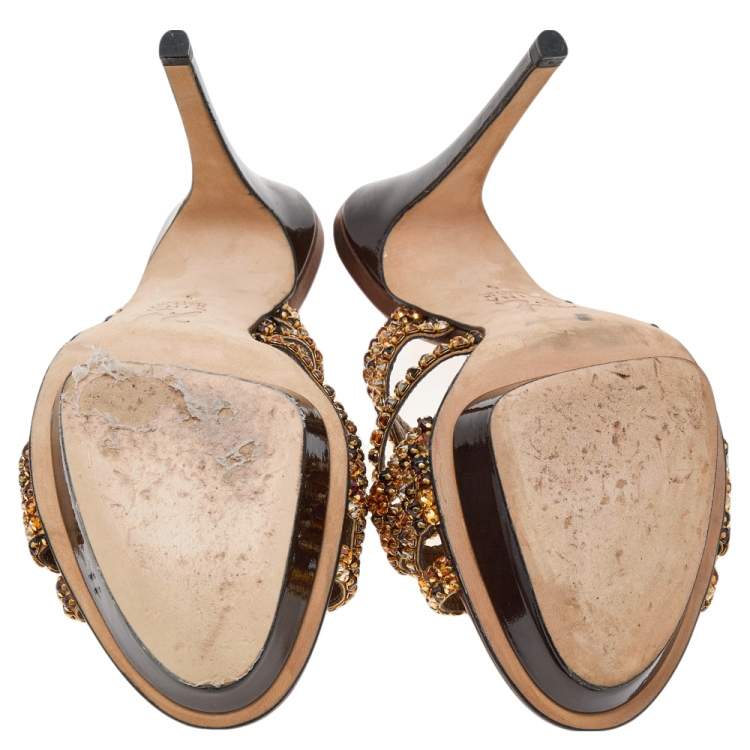 Pre Owned Gina Metallic Bronze Crystal Embellished Leather Slide Sandals Size 38