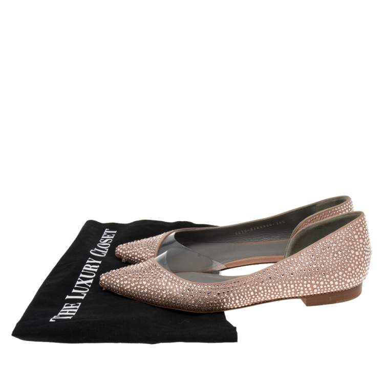Pre Owned Gina Beige Crystal Embellished Satin Ballet Flats Size 38.5
