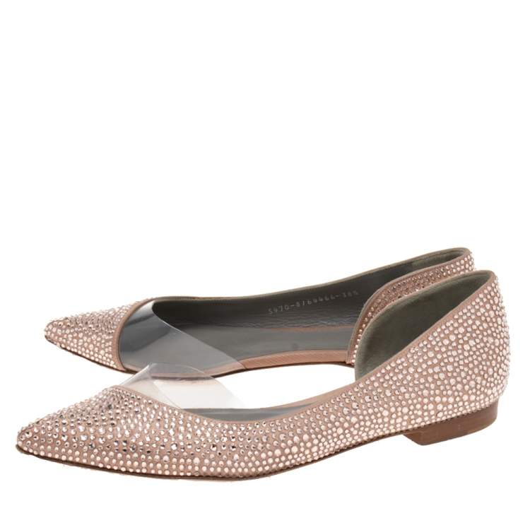 Pre Owned Gina Beige Crystal Embellished Satin Ballet Flats Size 38.5