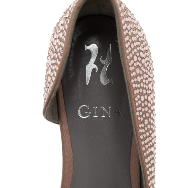 Pre Owned Gina Beige Crystal Embellished Satin Ballet Flats Size 38.5