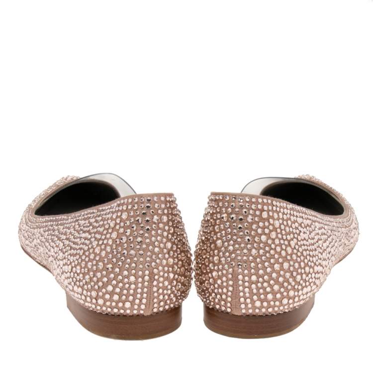Pre Owned Gina Beige Crystal Embellished Satin Ballet Flats Size 38.5