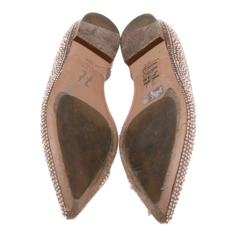 Pre Owned Gina Beige Crystal Embellished Satin Ballet Flats Size 38.5