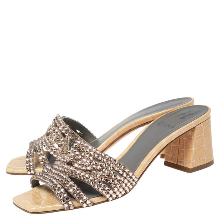 Pre Owned Gina Beige Crystals Embellished Leather Loren Slide Sandals Size 38