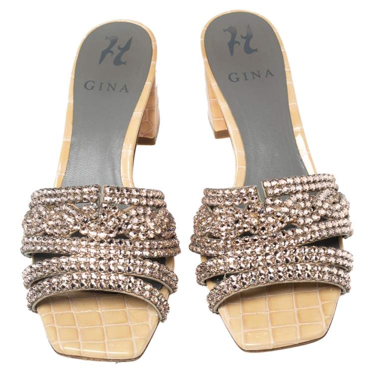Pre Owned Gina Beige Crystals Embellished Leather Loren Slide Sandals Size 38