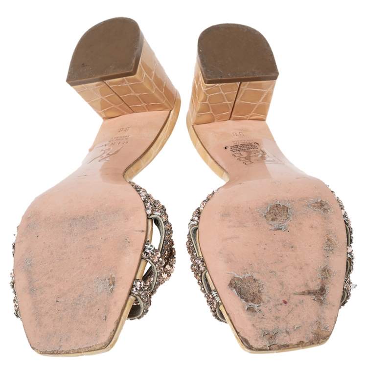 Pre Owned Gina Beige Crystals Embellished Leather Loren Slide Sandals Size 38