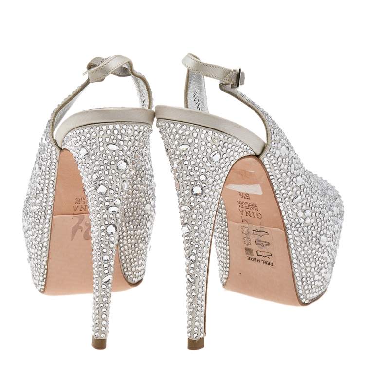 Pre Owned Gina Silver Satin Crystal Embellished Peep Toe Platform Slingback Sandals Size 38.5