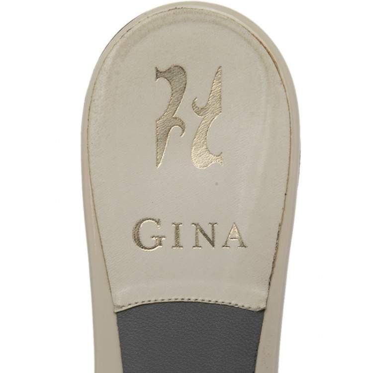 Pre Owned Gina Cream Patent Leather Crystal Embellished Slide Sandals Size 39