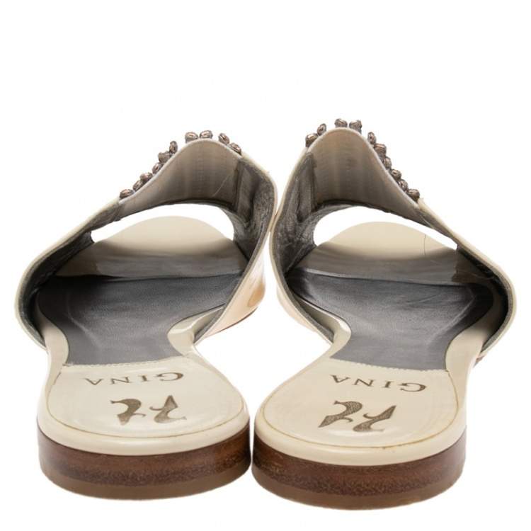 Pre Owned Gina Cream Patent Leather Crystal Embellished Slide Sandals Size 39