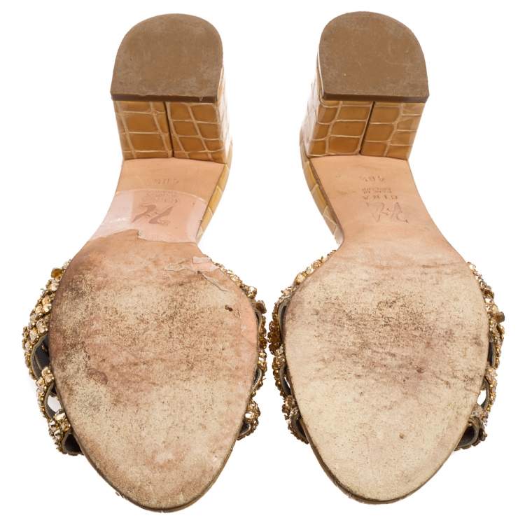 Pre Owned Gina Beige Croc Embossed Patent Leather Crystal Embellished Loren Slide Sandals Size 40.5