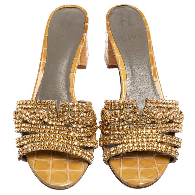 Pre Owned Gina Beige Croc Embossed Patent Leather Crystal Embellished Loren Slide Sandals Size 40.5