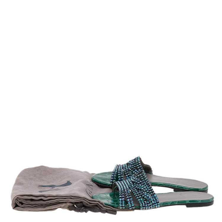 Pre Owned Gina Green Leather Crystal Embellished Flat Slide Sandals Size 36.5