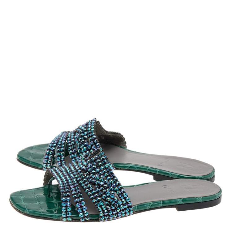 Pre Owned Gina Green Leather Crystal Embellished Flat Slide Sandals Size 36.5