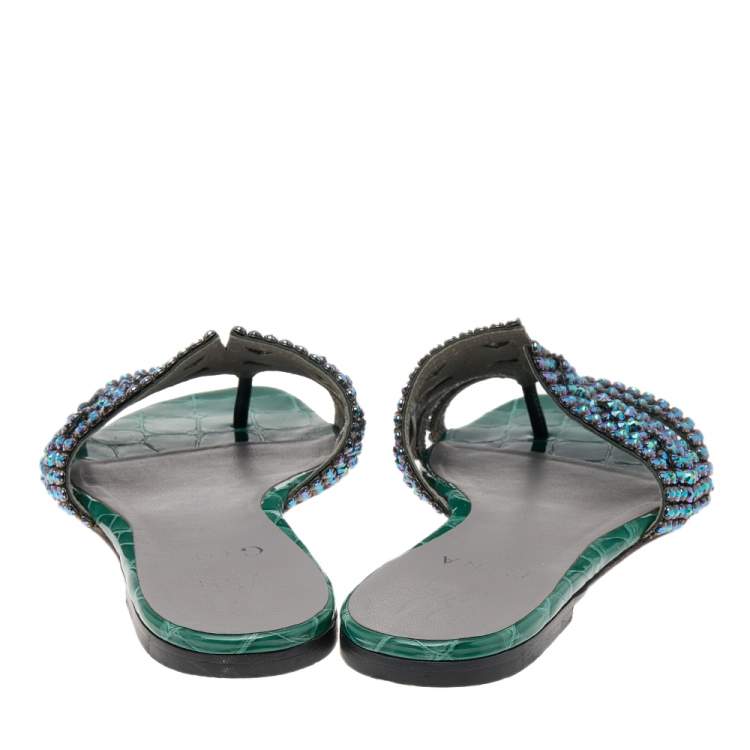 Pre Owned Gina Green Leather Crystal Embellished Flat Slide Sandals Size 36.5