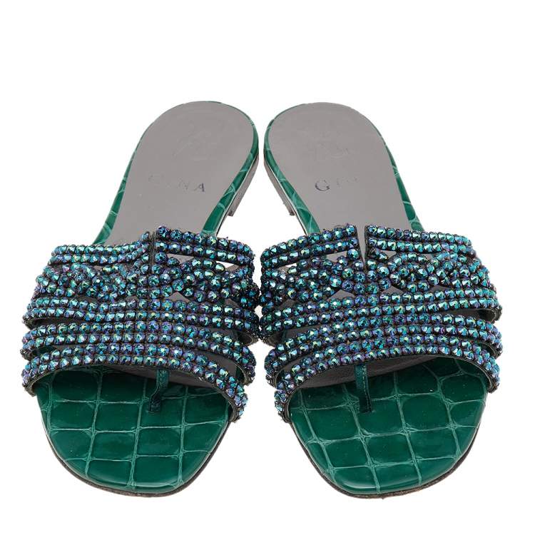 Pre Owned Gina Green Leather Crystal Embellished Flat Slide Sandals Size 36.5