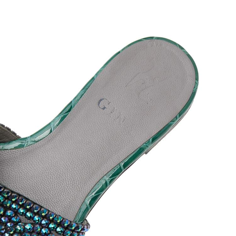 Pre Owned Gina Green Leather Crystal Embellished Flat Slide Sandals Size 36.5