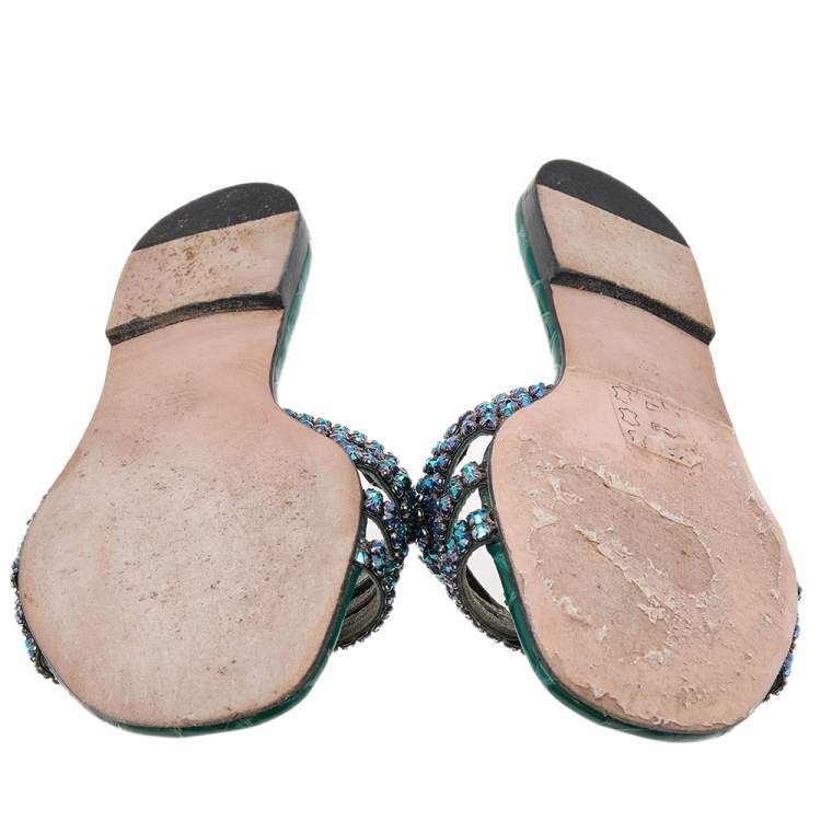 Pre Owned Gina Green Leather Crystal Embellished Flat Slide Sandals Size 36.5