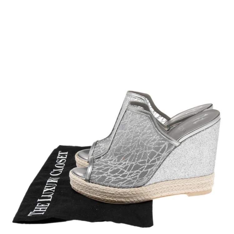 Pre Owned Gina Silver Glitter Mesh Wedge Espadrille Platform Sandals Size 38 