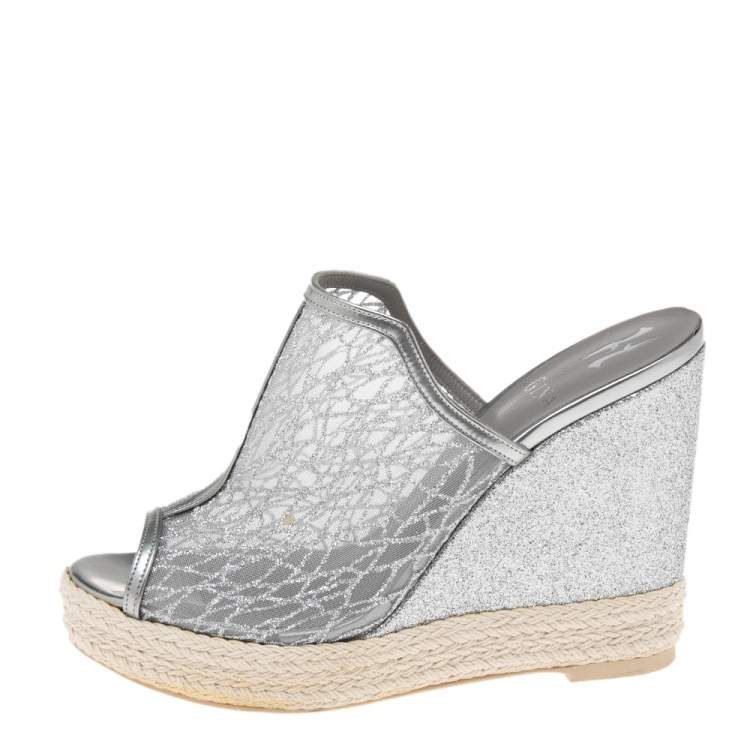 Gina Silver Glitter Mesh Wedge Espadrille Platform Sandals Size 38