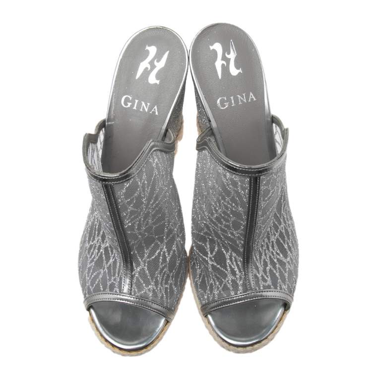 Pre Owned Gina Silver Glitter Mesh Wedge Espadrille Platform Sandals Size 38 