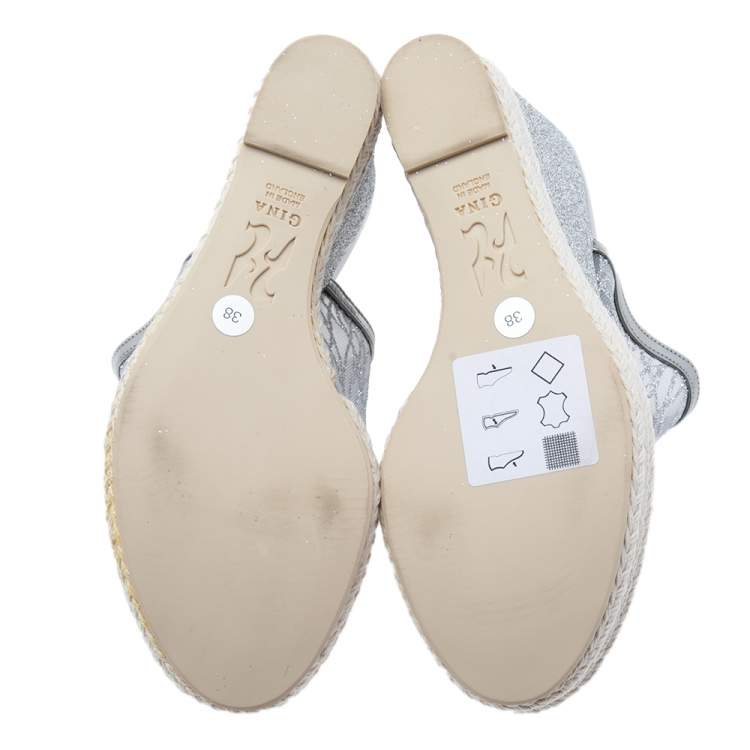 Pre Owned Gina Silver Glitter Mesh Wedge Espadrille Platform Sandals Size 38 