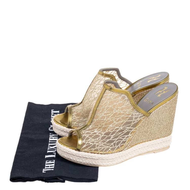 Pre Owned Gina  Metallic Green Net And Leather Wedge Sandals Size 38