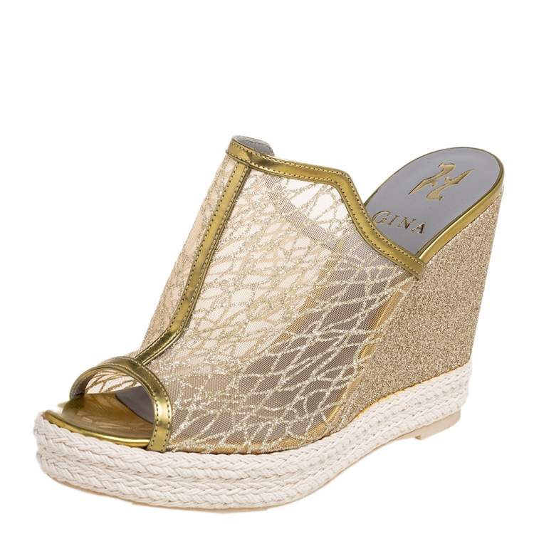 Pre Owned Gina  Metallic Green Net And Leather Wedge Sandals Size 38