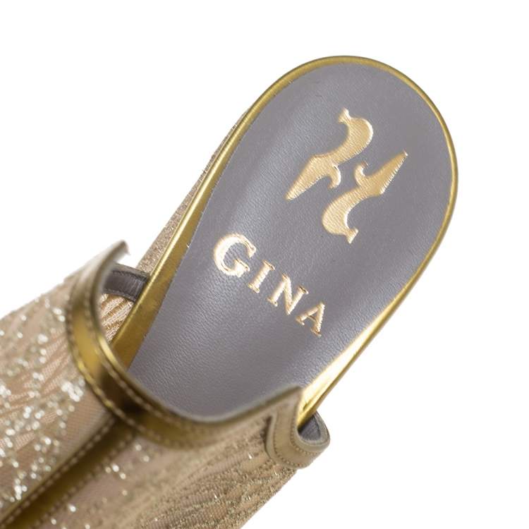 Pre Owned Gina  Metallic Green Net And Leather Wedge Sandals Size 38