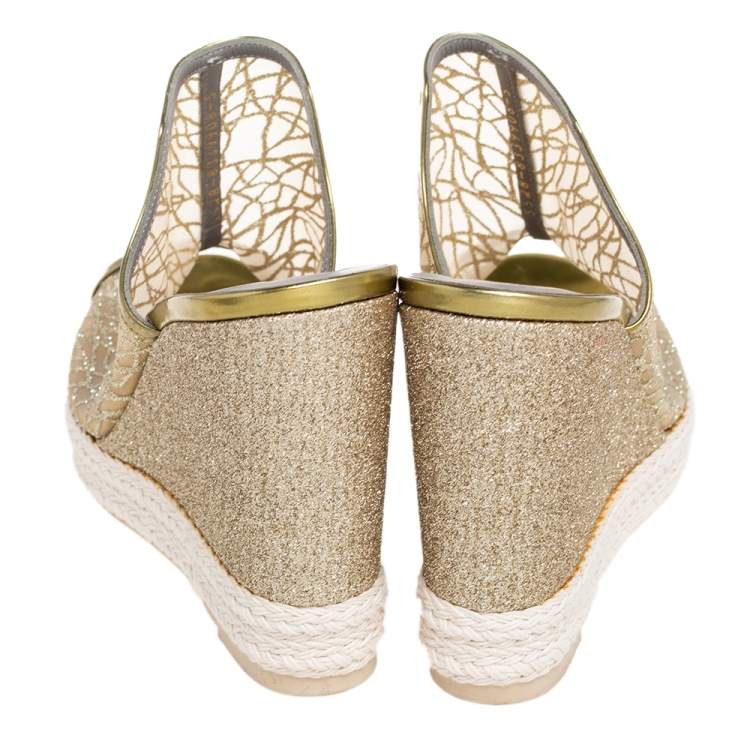 Pre Owned Gina  Metallic Green Net And Leather Wedge Sandals Size 38