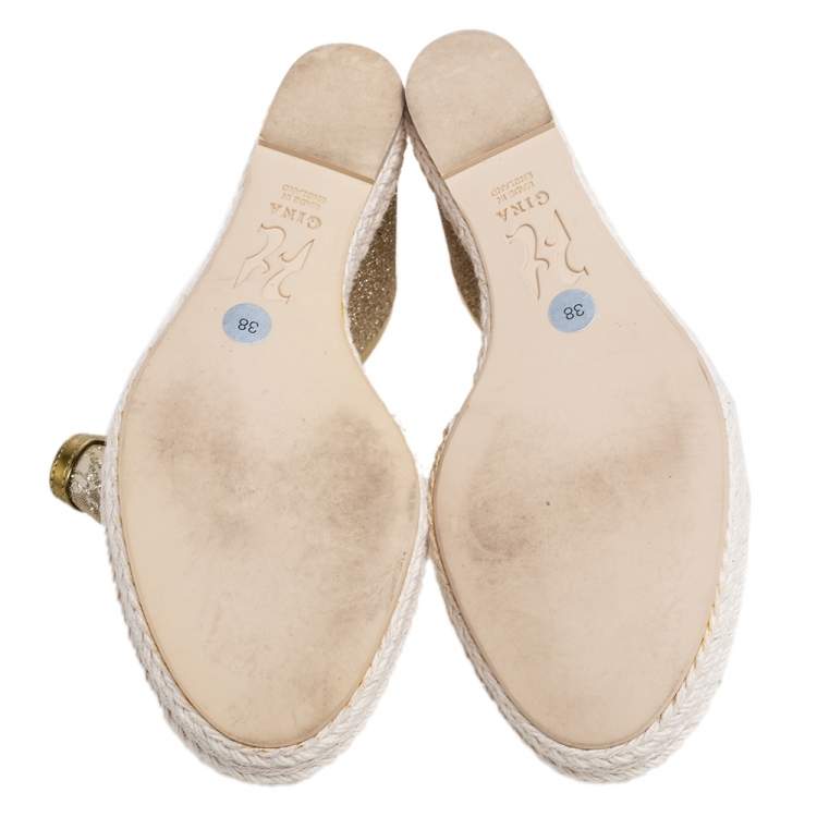 Pre Owned Gina  Metallic Green Net And Leather Wedge Sandals Size 38