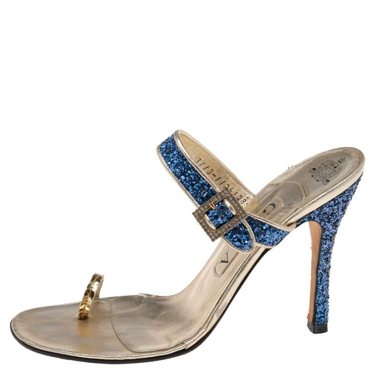 Pre Owned Gina Blue/Gold Glitter and Leather Toe-Ring Sandals Size 38.5