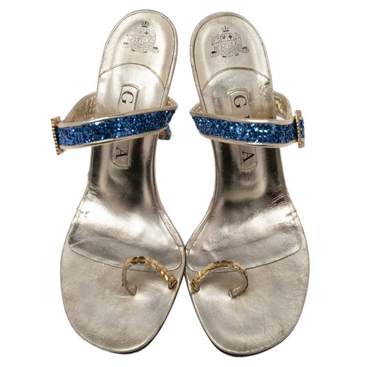 Pre Owned Gina Blue/Gold Glitter and Leather Toe-Ring Sandals Size 38.5