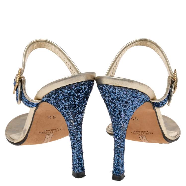 Pre Owned Gina Blue/Gold Glitter and Leather Toe-Ring Sandals Size 38.5