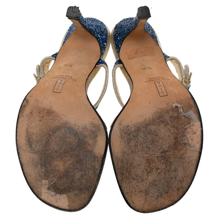 Pre Owned Gina Blue/Gold Glitter and Leather Toe-Ring Sandals Size 38.5