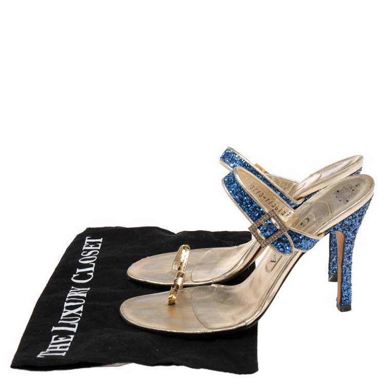 Pre Owned Gina Blue/Gold Glitter and Leather Toe-Ring Sandals Size 38.5