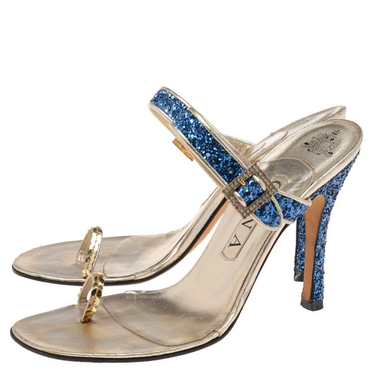 Pre Owned Gina Blue/Gold Glitter and Leather Toe-Ring Sandals Size 38.5