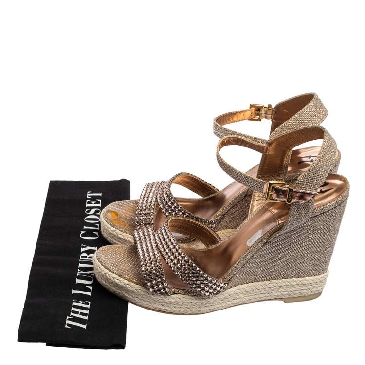 Pre Owned Gina Rose Gold Glitter and Crystal-Embellished Leather Espadrille Platform Wedge Sandals Size 40