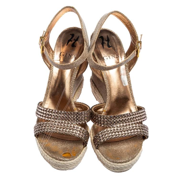 Pre Owned Gina Rose Gold Glitter and Crystal-Embellished Leather Espadrille Platform Wedge Sandals Size 40
