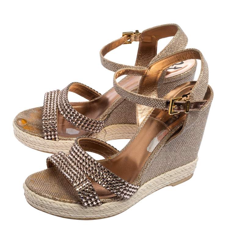 Pre Owned Gina Rose Gold Glitter and Crystal-Embellished Leather Espadrille Platform Wedge Sandals Size 40
