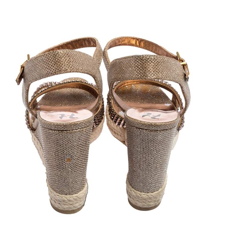 Pre Owned Gina Rose Gold Glitter and Crystal-Embellished Leather Espadrille Platform Wedge Sandals Size 40