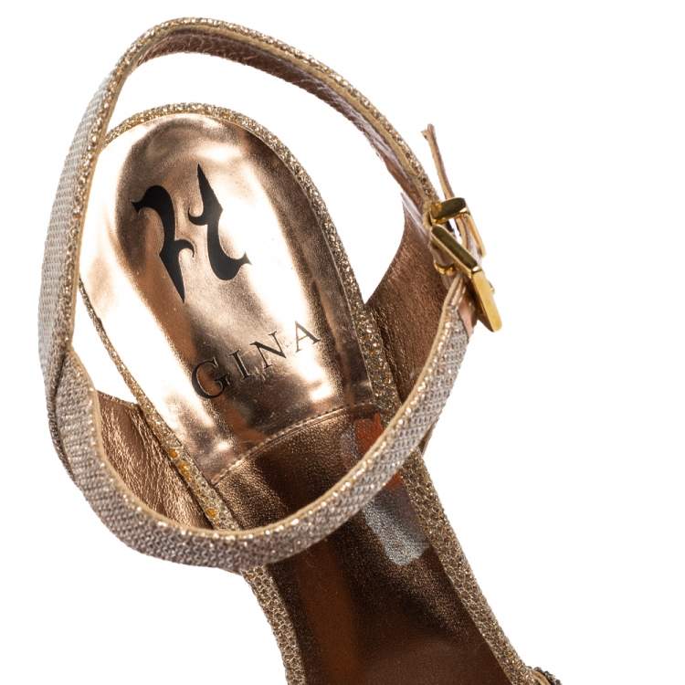 Pre Owned Gina Rose Gold Glitter and Crystal-Embellished Leather Espadrille Platform Wedge Sandals Size 40