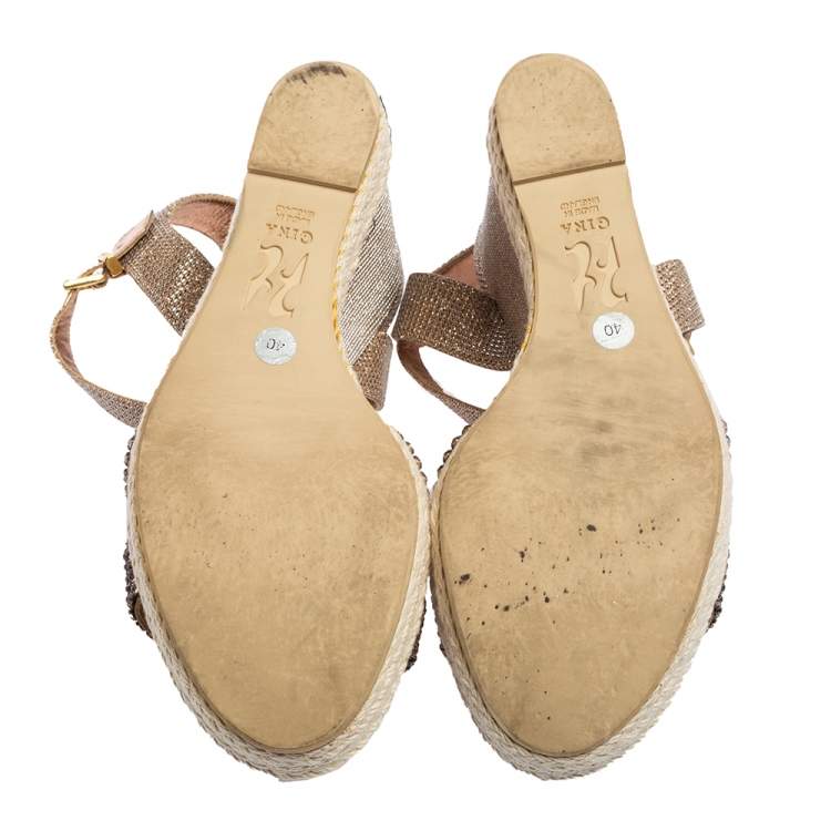 Pre Owned Gina Rose Gold Glitter and Crystal-Embellished Leather Espadrille Platform Wedge Sandals Size 40