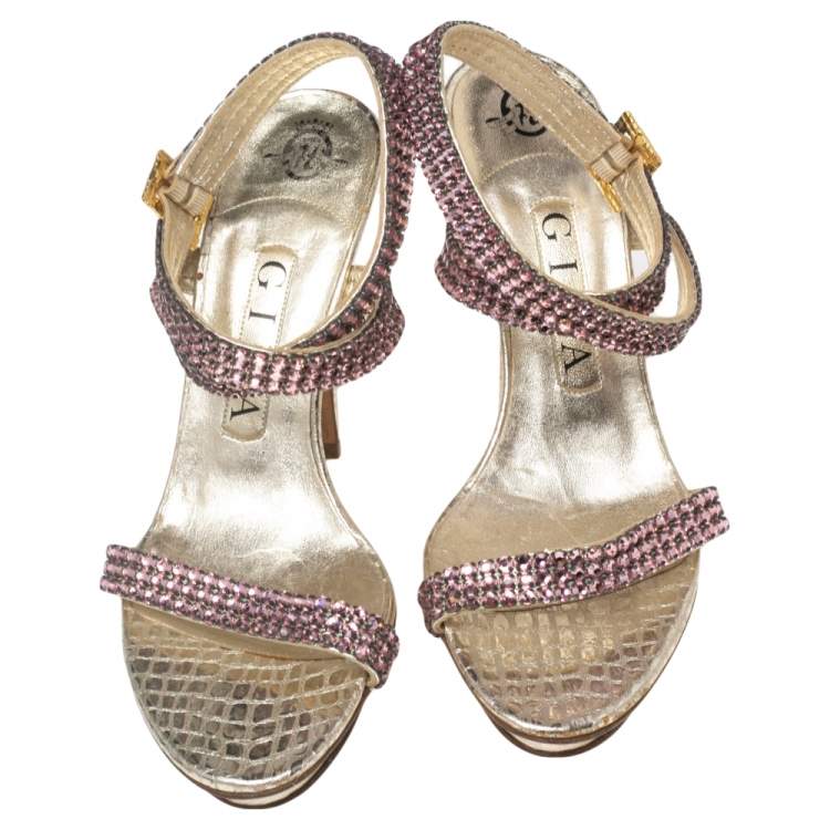 Pre Owned Gina Gold Croc Embossed Leather Embellished  Ankle Wrap Sandals Size 37