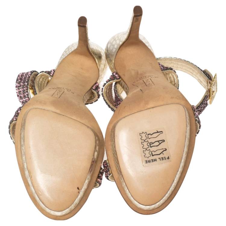 Pre Owned Gina Gold Croc Embossed Leather Embellished  Ankle Wrap Sandals Size 37