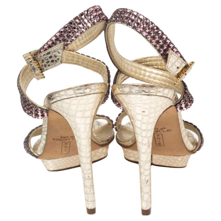Pre Owned Gina Gold Croc Embossed Leather Embellished  Ankle Wrap Sandals Size 37